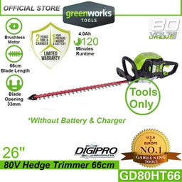 Greenworks GD80HT66 80V 26" Cordless Hedge Trimmer (Without Battery &amp; Charger)